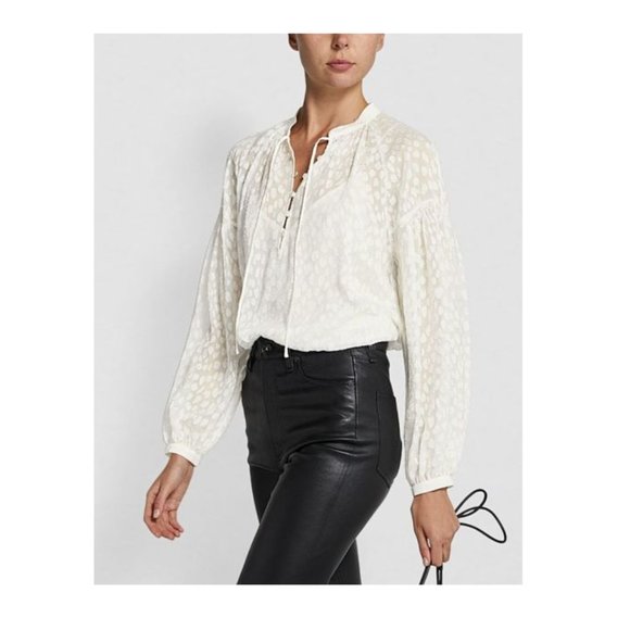 FRAME Spot Jacquard Silk Blend Smocked Peasant Top In Off White - Picture 3 of 16